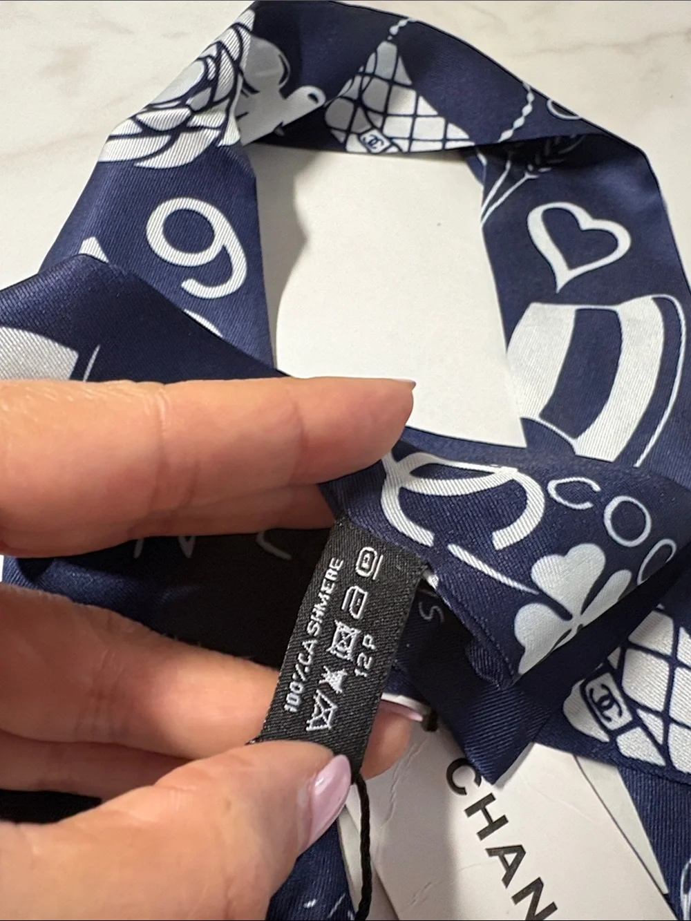 C Navy and White Printed Silk Hair Twilly